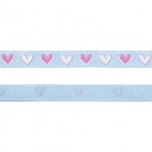 Grosgrainband - Hjärtan - 10 mm - Ljusblå/Rosa