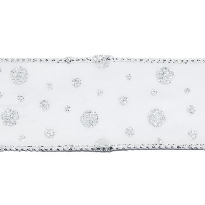 Mönstrat dekorationsband - 40 mm - Vitt band med prickar i silver/glitter