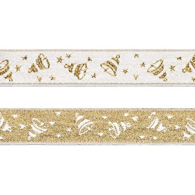 Dekorationsband i beige & guld - Julklockor - 17 mm