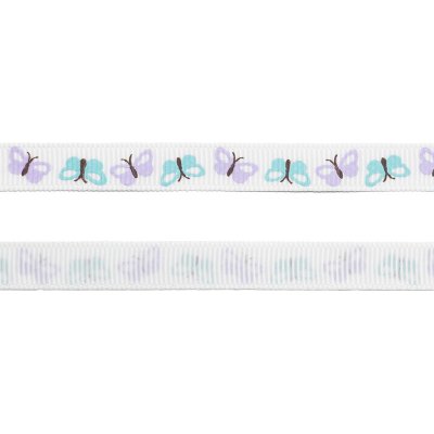 Grosgrainband - 10 mm - Fjärilar - Vit/Lila/Turkos