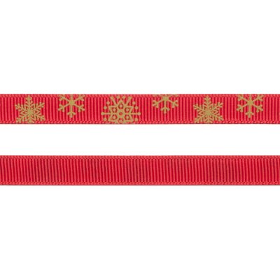 Grosgrainband - 10 mm - Snöflingor - Röd/Guld
