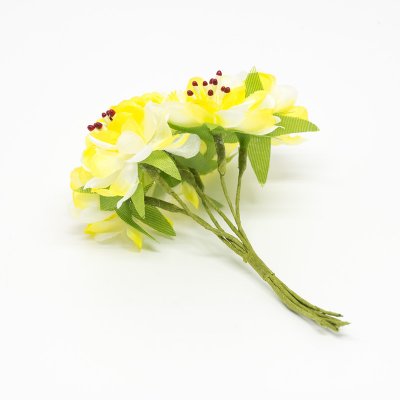 Dekorationsblomma på ståltråd - Tyg - 6 st - Gul med röda pistiller